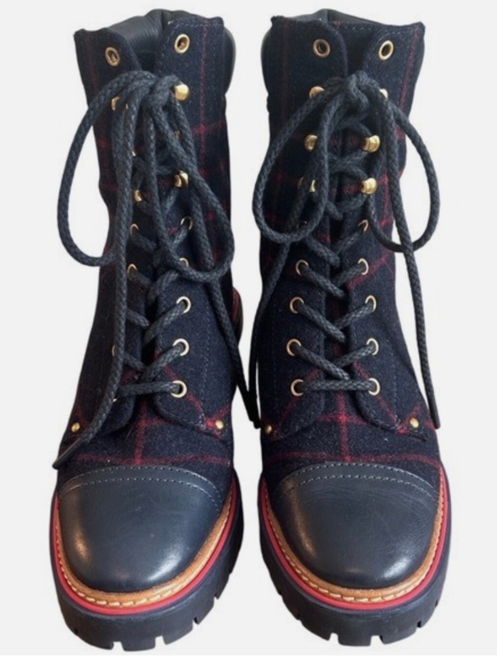 Tory Burch Plaid Lace-Up Women's Combat Boots in Black and Red